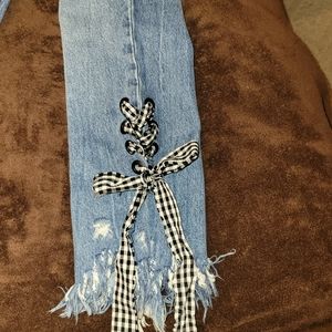 TRF IX'D DENIM MAKERS distressed jeans with ribbon lace up ankles